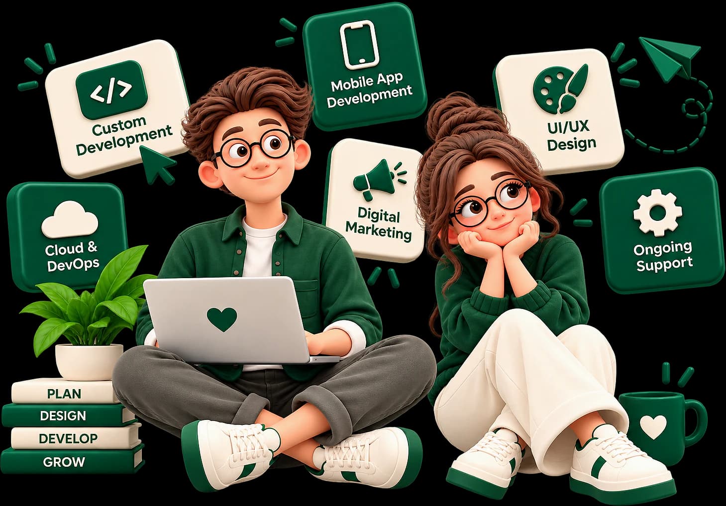 Devzey team surrounded by web, mobile app and design services